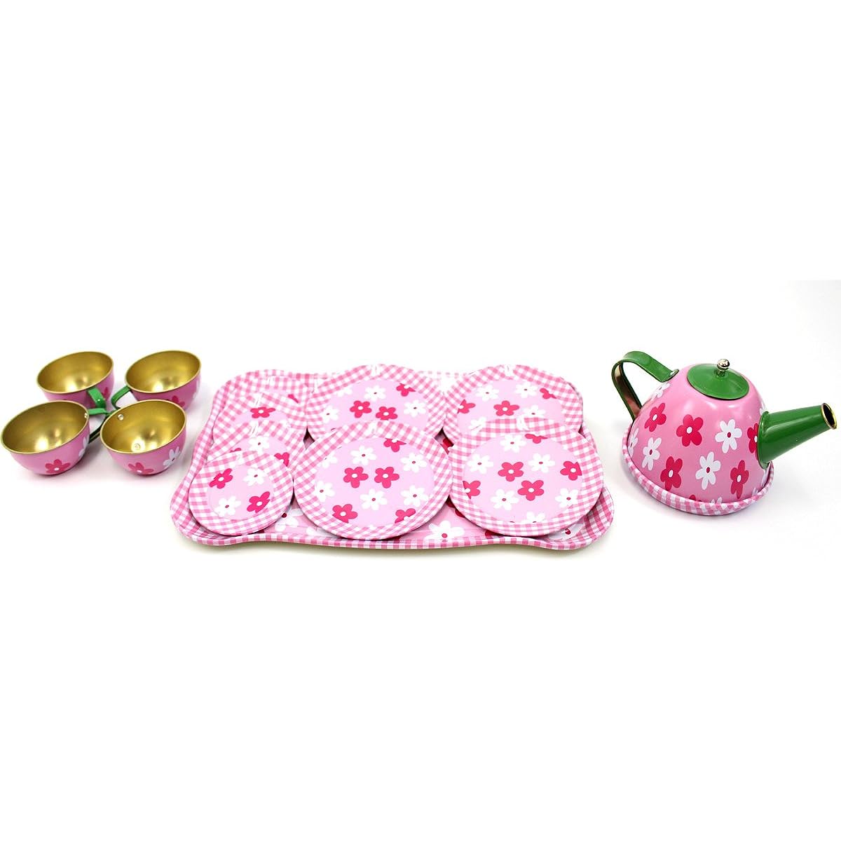 PowerTRC Flower Springtime Children's Kid's Full Metal Durable Pretend Play Toy Tea Set w/ Cups, Tea Pot, Plates, Tray