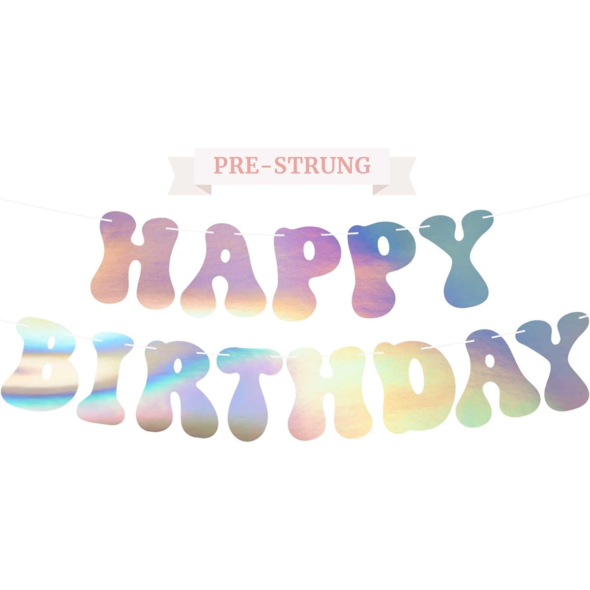 Pre-Gutted Happy Birthday Banner - No DIY Required - Iridescent Birthday Party Banner - Garland Strung on 8' Strands - Holographic Glossy Foil Birthday Party Decorations & Decorations. Retro 70's birthday. Did we mention no DIY