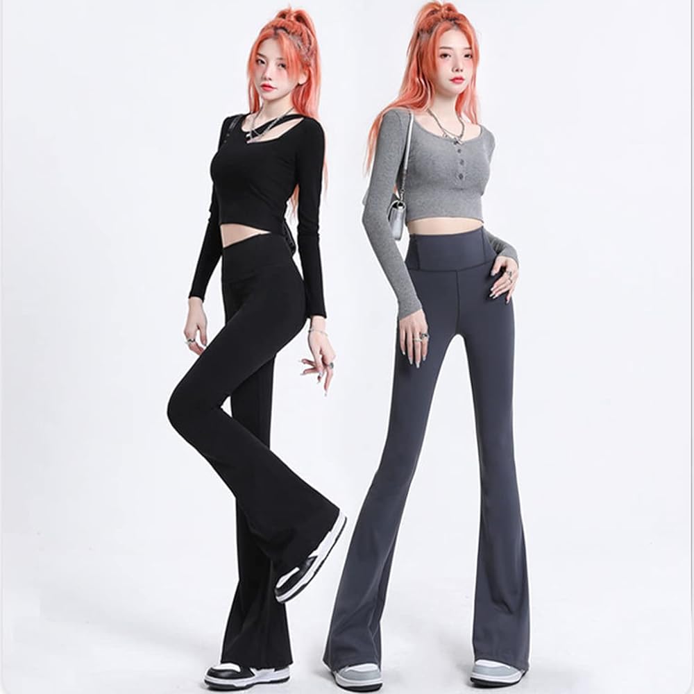 [VYOOU] Flare Pants, Yoga Pants, Boot Cut Pants, Women's Trousers, Beautiful Legs, Stretchable, High Waist, Stretch, Sleek, Black, Gray