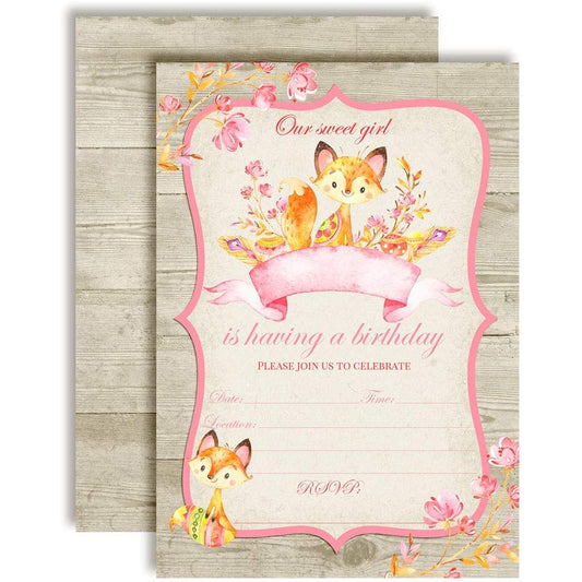 AmandaCreation Watercolor Forest Fox Birthday Party Invitations for Girls 5"x7" Includes 20 Cards and 20 White Envelopes