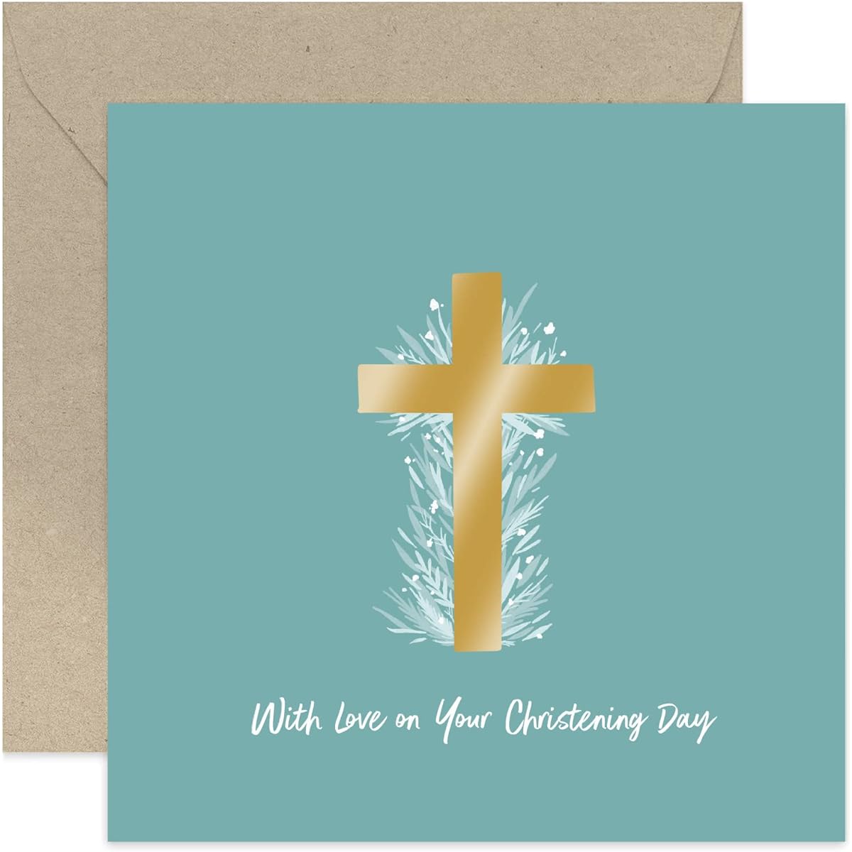 Old English Co. Cross Christening Card for Kids or Adults - Gold Cross Brush Strokes Floral Design - With Love On Your Christening Day Greeting Card for Boy/Girl/Him/Her | Blank Envelope Inside