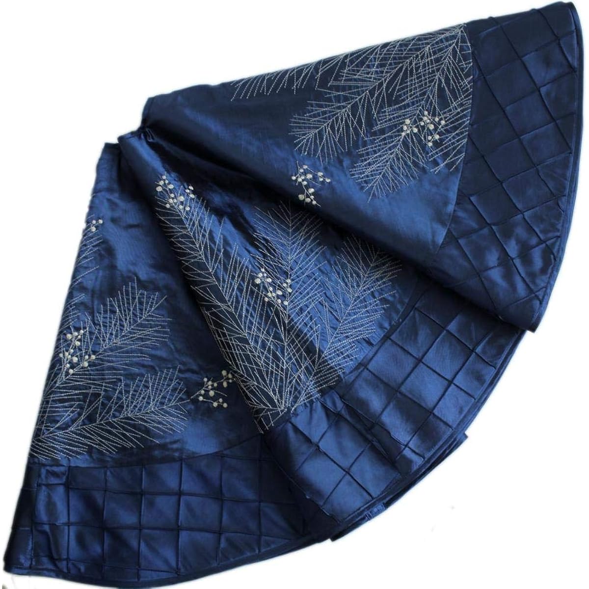 SOOFYLIA 36" Blue Faux Silk Embroidered Pine Branches with White Berries Christmas Tree Skirt with Smooth Satin Handcrafted Pintuck Border Deluxe Christmas Decorations for Indoor Outdoor Holiday Party Decorations