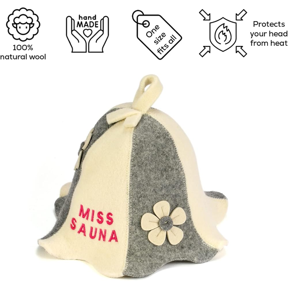 Natural Sauna Hat "Miss Sauna Grey/White" White/Gray 100% organic wool material makes you feel like you're in a Russian sauna - Protects your head from the heat - English about saunas Comes with an e-book guide – with embroidery