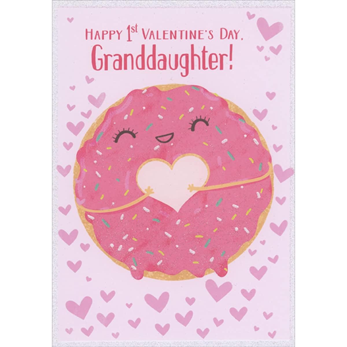 Designer Greetings Smiling Donut with Pink Frosting and Heart-Shaped Hole 1st / First Valentine's Day Card for Granddaughter