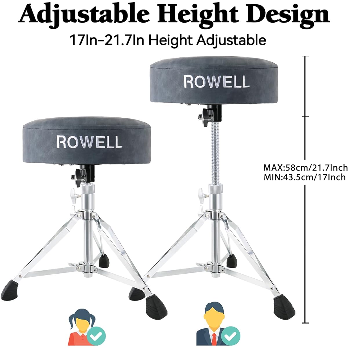 ROWELL Drum Throne Height Adjustable Drum Stool Drum Throne Thick Padded Double Support Anti-Slip Drum Seat Perfect for Adults and Drummers Drum Sticks Drum Keys (Textured Blue)