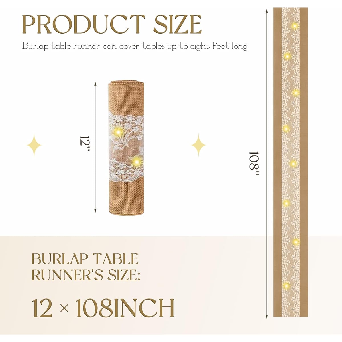 boyspringg Burlap Table Runner Wedding Burlap Lace Table Runner 12x108 Inch Burlap Table Runner with LED Rustic Jute Country Thanksgiving Christmas Baby Party (1 Pack, LED)