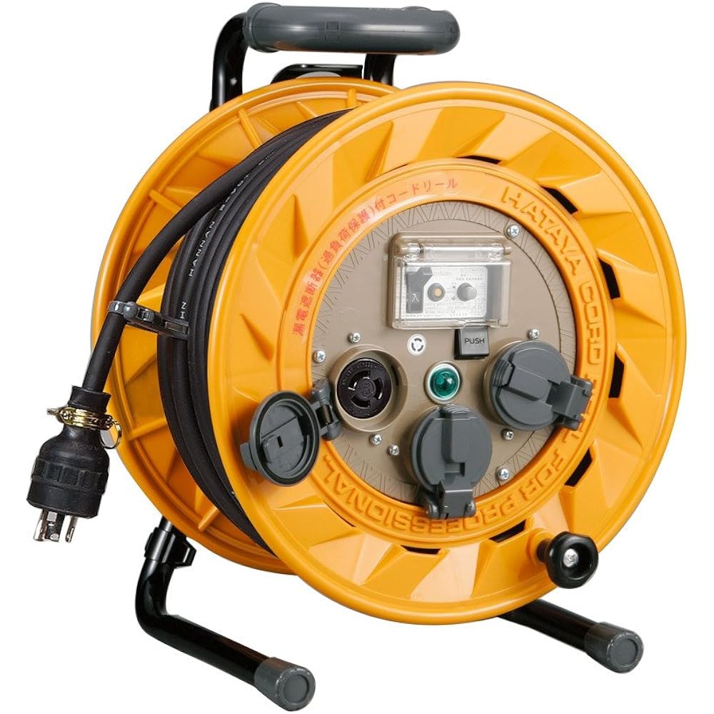 HATAYA Cord Reel for Indoor Use, 100V Type, Insulating Resin Drum, Cord 30m, Thickness 2.0㎟, Earth Leakage Breaker, Built-in Temperature Sensor (Wire Melt Prevention Function), 2P (Preventing Wire Melting), 3 Outlets, Outlet Dustproof Cap, Built-in Pilot