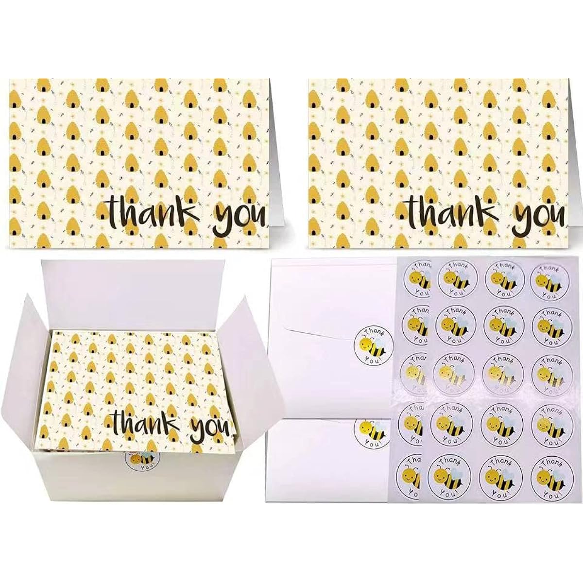 Bumblebee Thank You Card Set - Set of 50 A6 blank cards with glossy printed design and envelopes - 50 cute stickers - Perfect kit for baby showers, birthdays, graduations, and housewarming parties