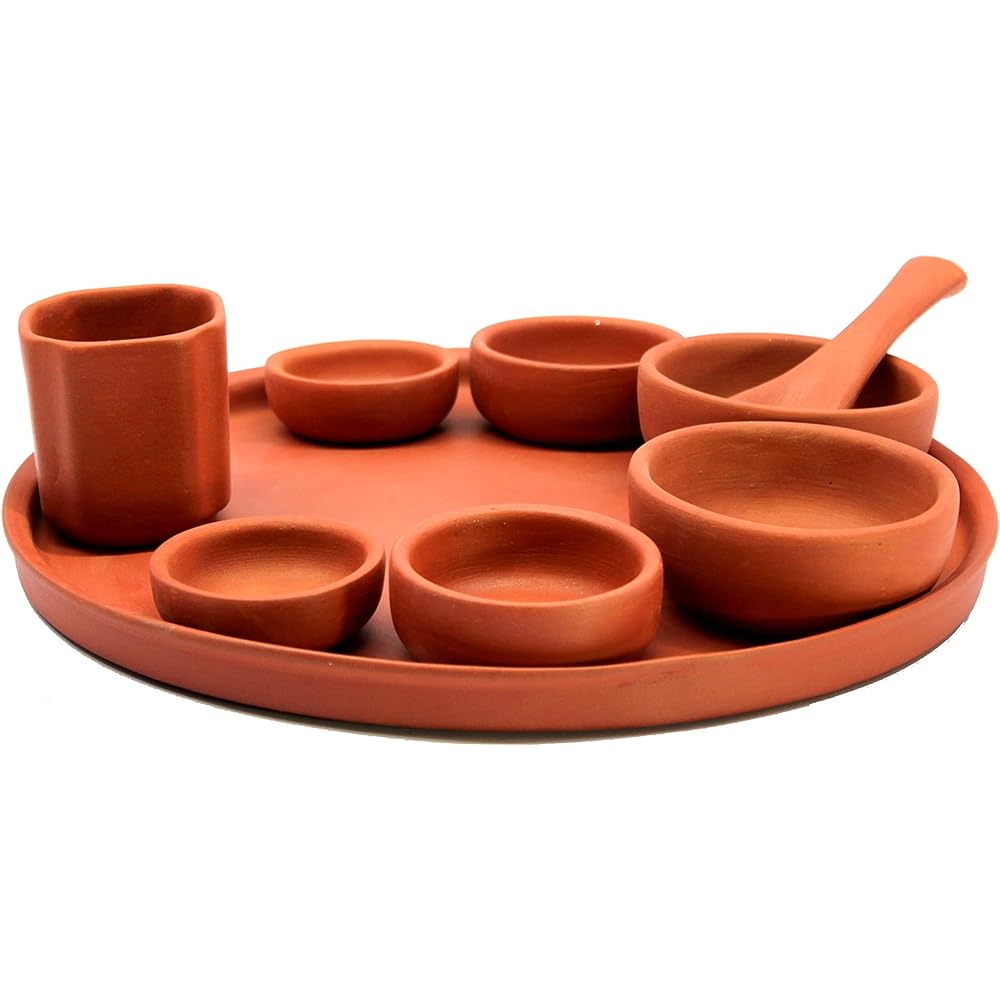 KLEO Clay Terracotta Thali with Bowl, Bhojan Thali | Ceramic Plate Dinner Thali Set (Set of 9)