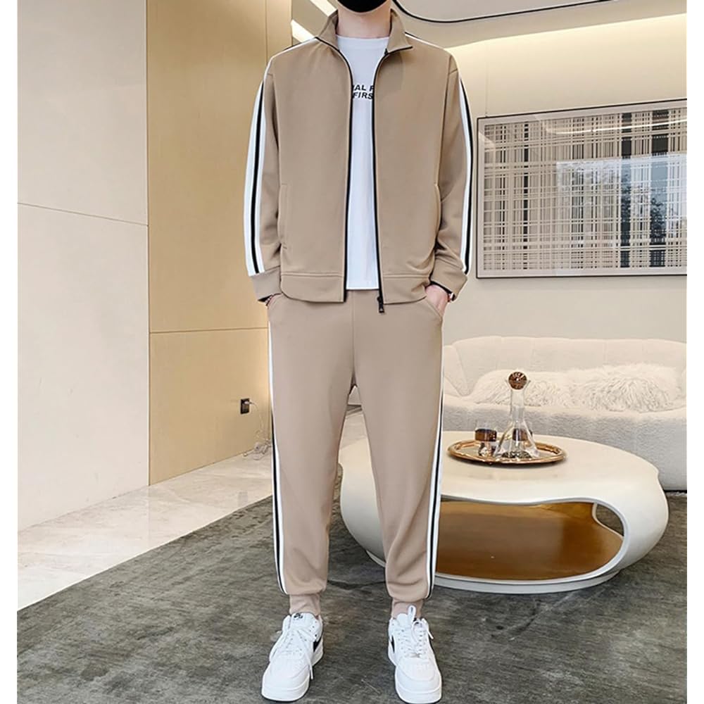 Men's Jersey, Top and Bottom Set, Long Sleeve, Setup, Sports, Colored Jersey, Sweatshirt, Room Wear, Casual, Stylish, Comfortable, Breathable, Autumn, Winter, Loungewear, L Khaki