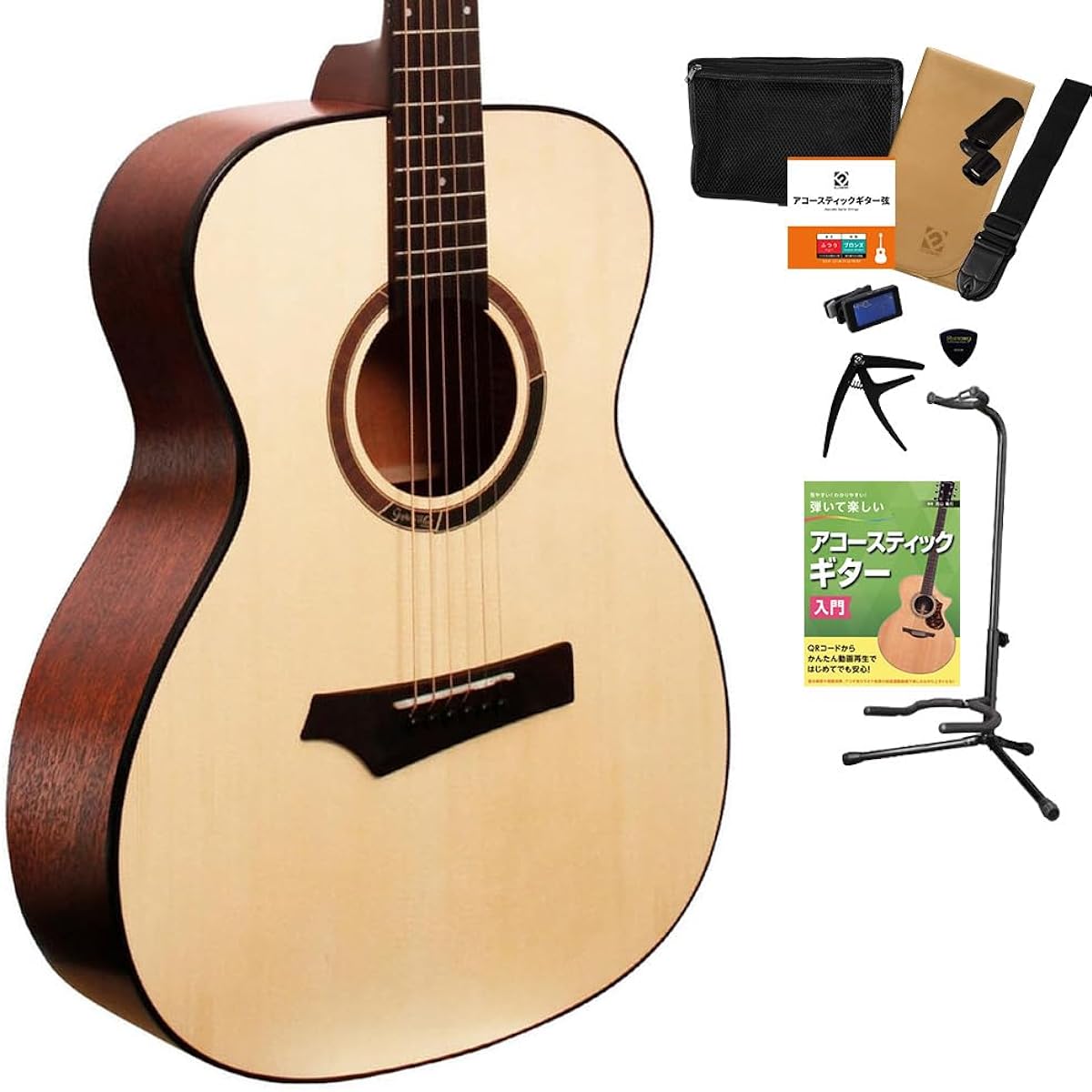 Gopher Wood Guitars i110 Acoustic Guitar 12-piece Select Set with Textbook Beginner Set OOO Size Gopher Wood Guitars