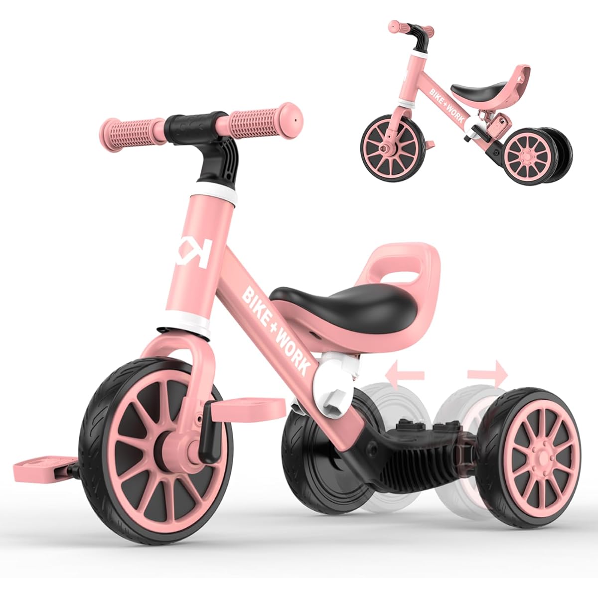 BIKE WORK Children's Tricycle for Boys and Girls, Adjustable Seat Height, Removable Pedals, Ages 10 Months to 3 Years, Pink