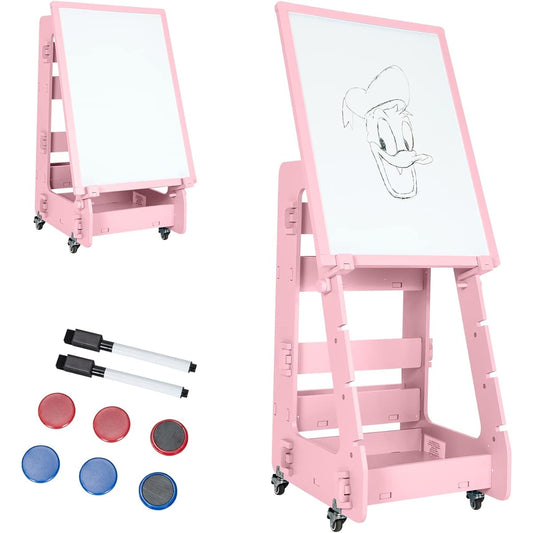 Costzon Kids Art Easel with Lockable Wheels, Adjustable Height, Removable Magnetic Storage, Double-Sided Easel for Ages 3 and Up (Pink)