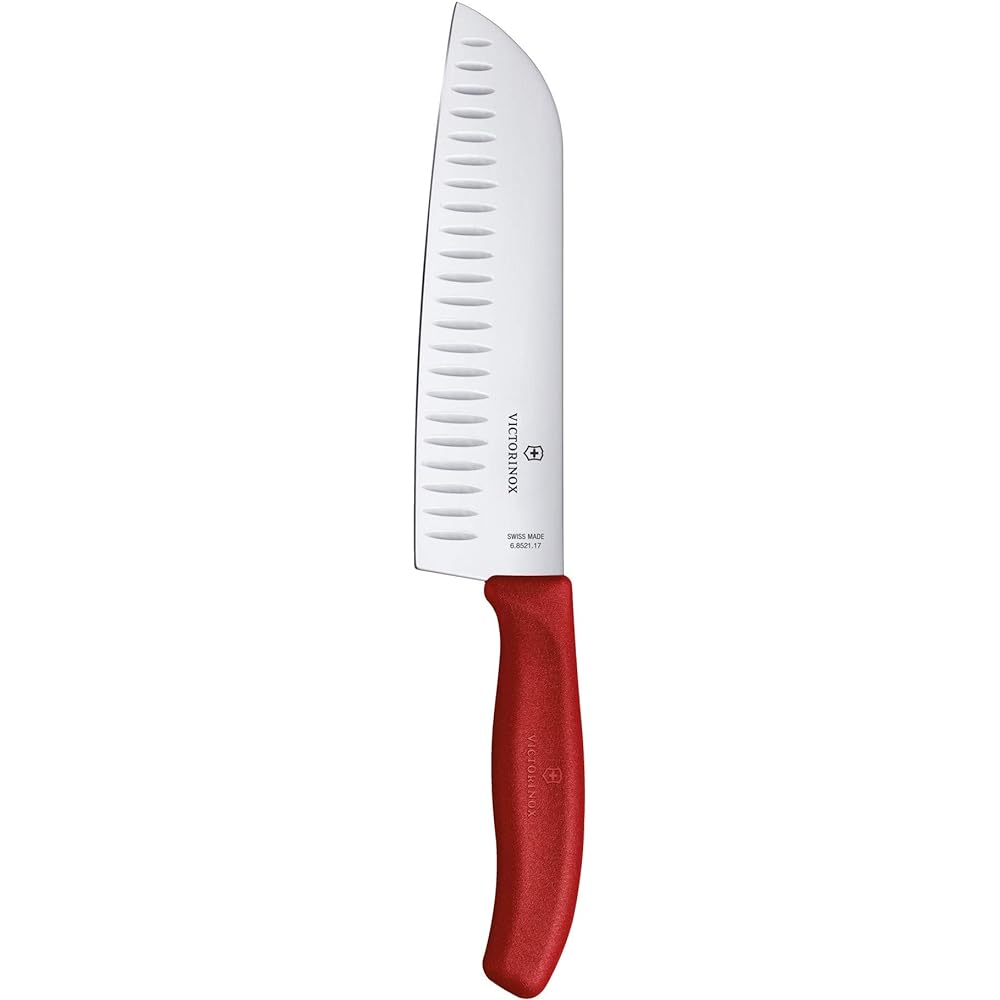 VICTORINOX Santoku Knife Professional Stainless Steel All-Purpose Knife 17cm Grooved Red Versatile Knife for All Cooking Dishwasher Safe Swiss Classic 6.8521.17G