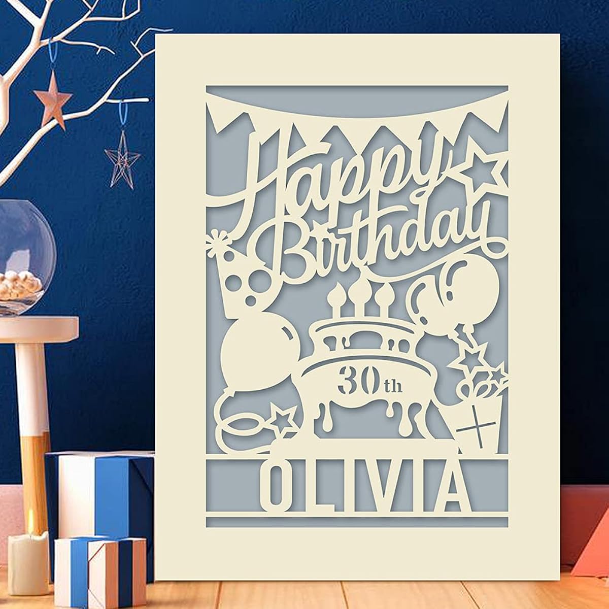 EDSG Personalized Birthday Cards | Papercut Happy Birthday Cards for Him Her Women Girls Boys Men | Custom Gifts with Envelopes 13th 16th 18th 21st 30th 40th 50th 70th 80th 91st (Grey)