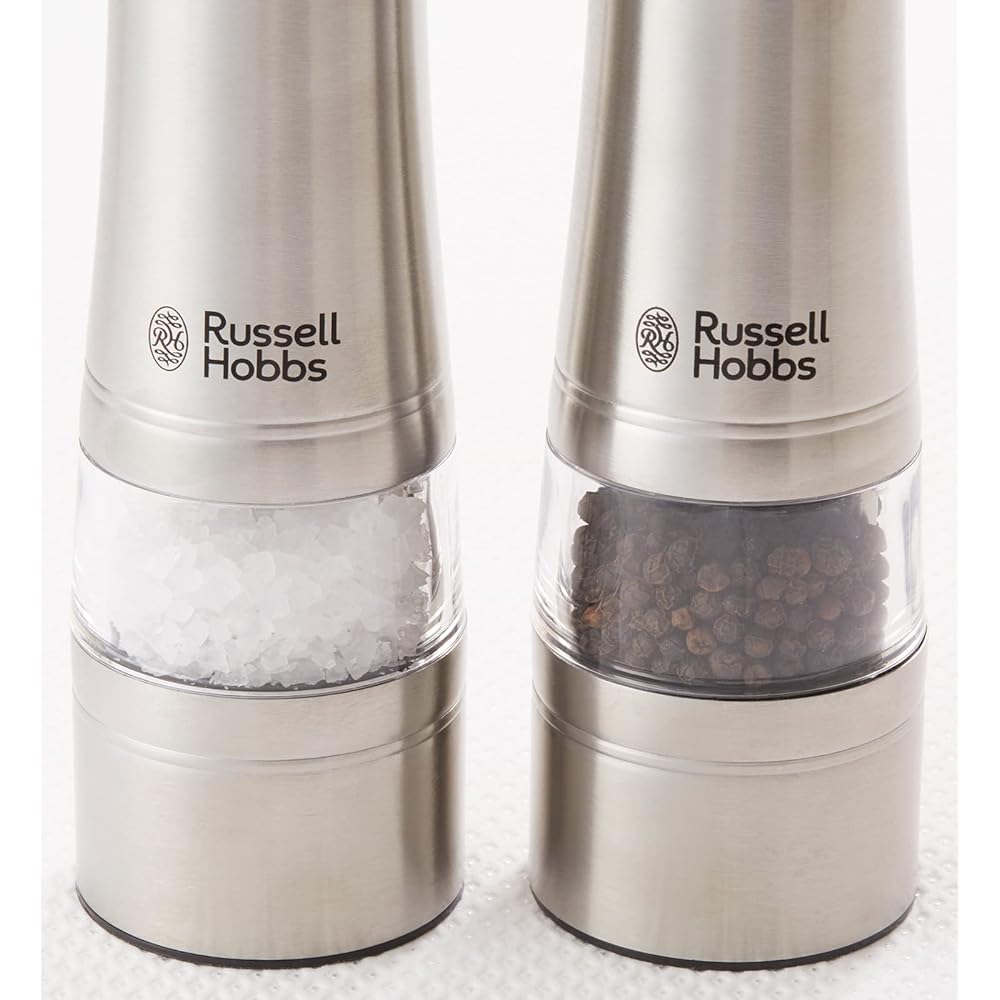 Russell Hobbs Electric Mill Salt & Pepper Rock Salt Pepper Spices Adjustable Coarseness Set of 2 Wood Stand Set Silver 7923JP
