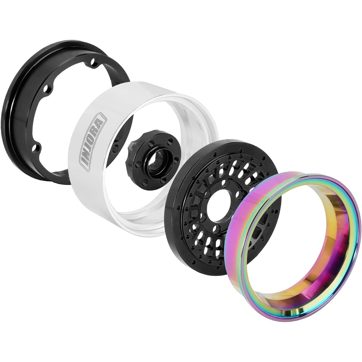 INJORA 1.9" Beadlock Wheel Rim Offset -10mm Aluminum Wheel for SCX10 Pro TRX4 VS4-10 Gen8 1/10 RC Crawler Car (Black Rainbow)