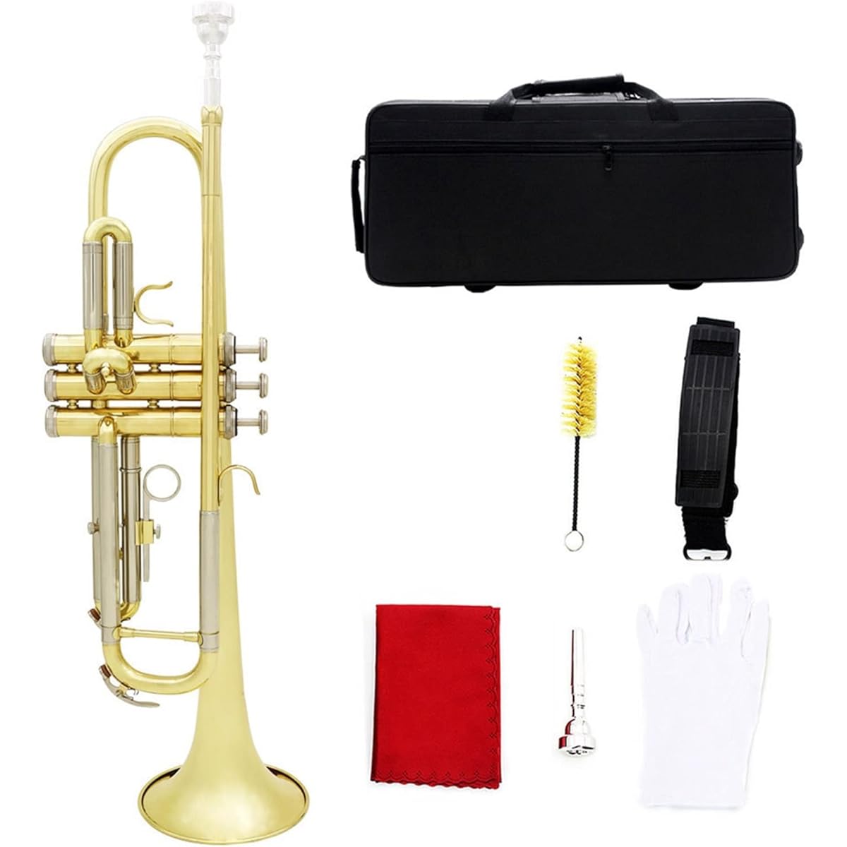 bb B flat trumpet with silver horn exquisite musical instrument brass tube golden case glove mouthpiece strap brush