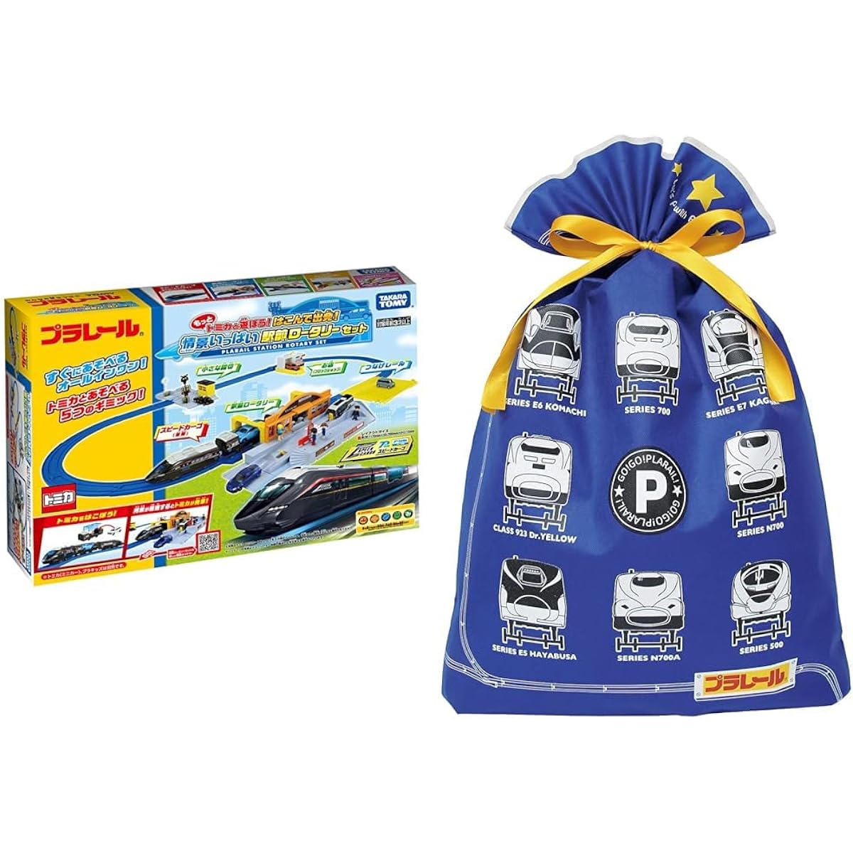 Let's play more with Tomica! Load it up and go! Scenery-filled station rotary set + indigo Takara Tomy Plarail wrapping bag 3L blue TA651