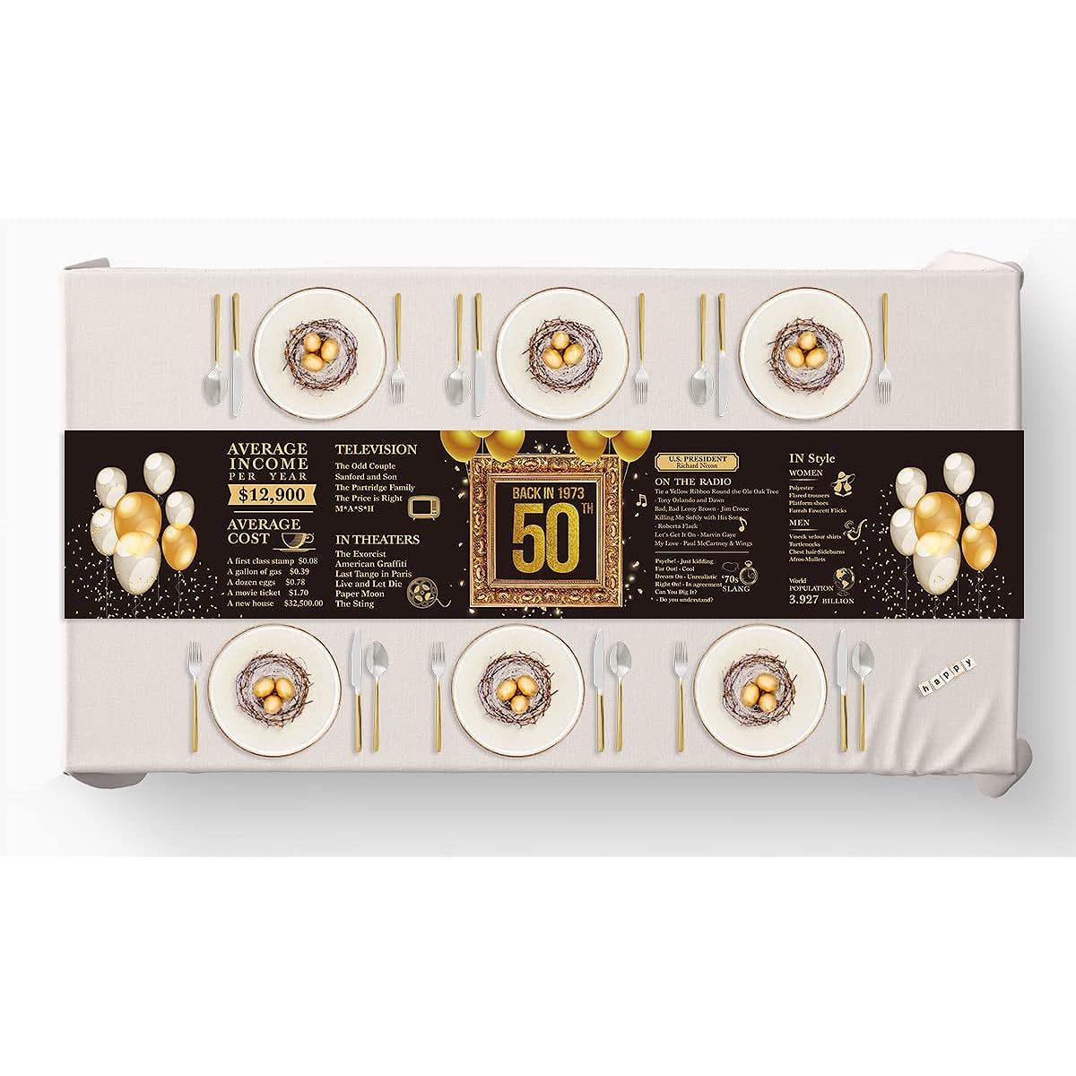 50th Birthday Table Runner Back in 1973 Table Runner 50 Years Old Kitchen Dining Table Runner 72 Inch Long Black and Gold Birthday Anniversary Wedding Party Table Decoration