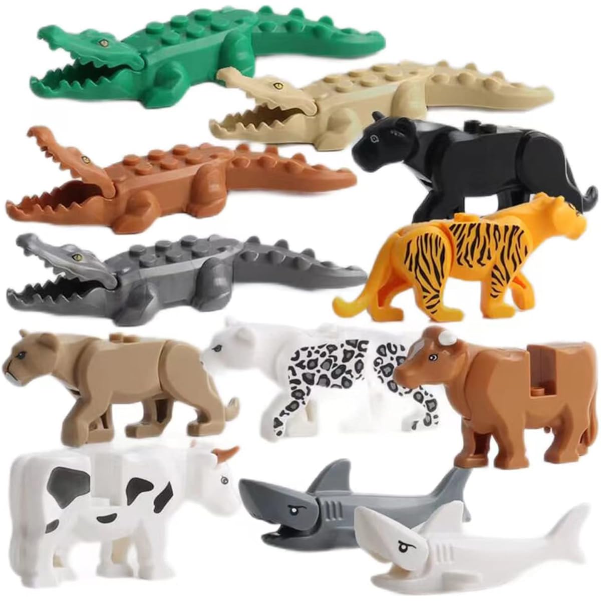 OLRMA Friend Animal Figures Building Blocks Toys 12 Piece Jungle Zoon Animal Block Set Crocodile Leopard Shark Bear Cow Tiger Accessory Blocks Compatible with Major Brands