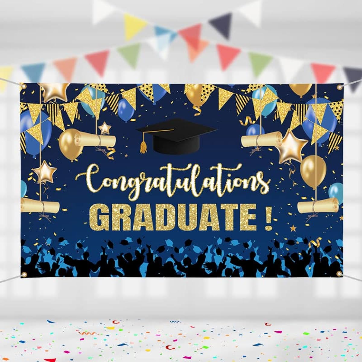 Lofaris Graduation 2023 Banner Blue and Gold Background Graduation Party Supplies Decorations Photo Shoot Class Celebration Photo Booth Props for Outdoor Indoor 72.8x43.3inch