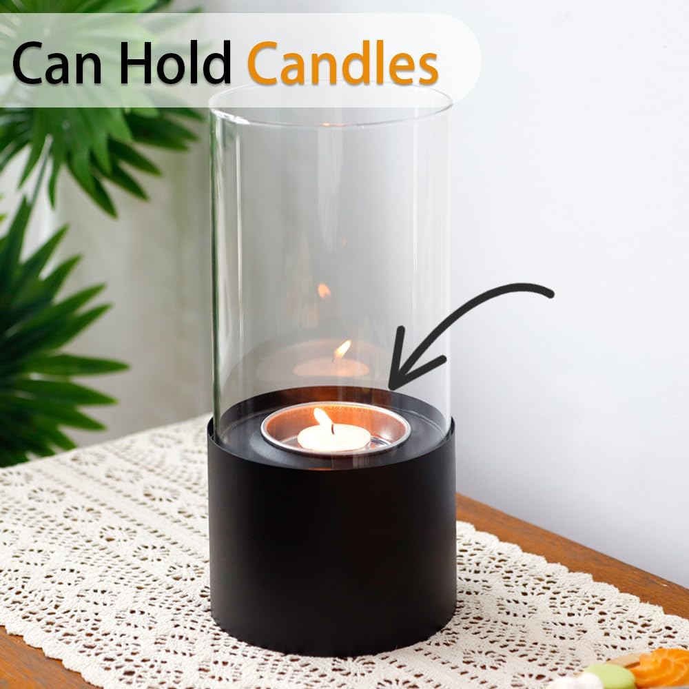 NEWIMAGE Bioethanol Fireplace - Portable Fire Pit Height 26cm Clean Burning Metal & Heat Resistant Glass Indoor/Outdoor Birthday/Moving/Housewarming Gift (Black)