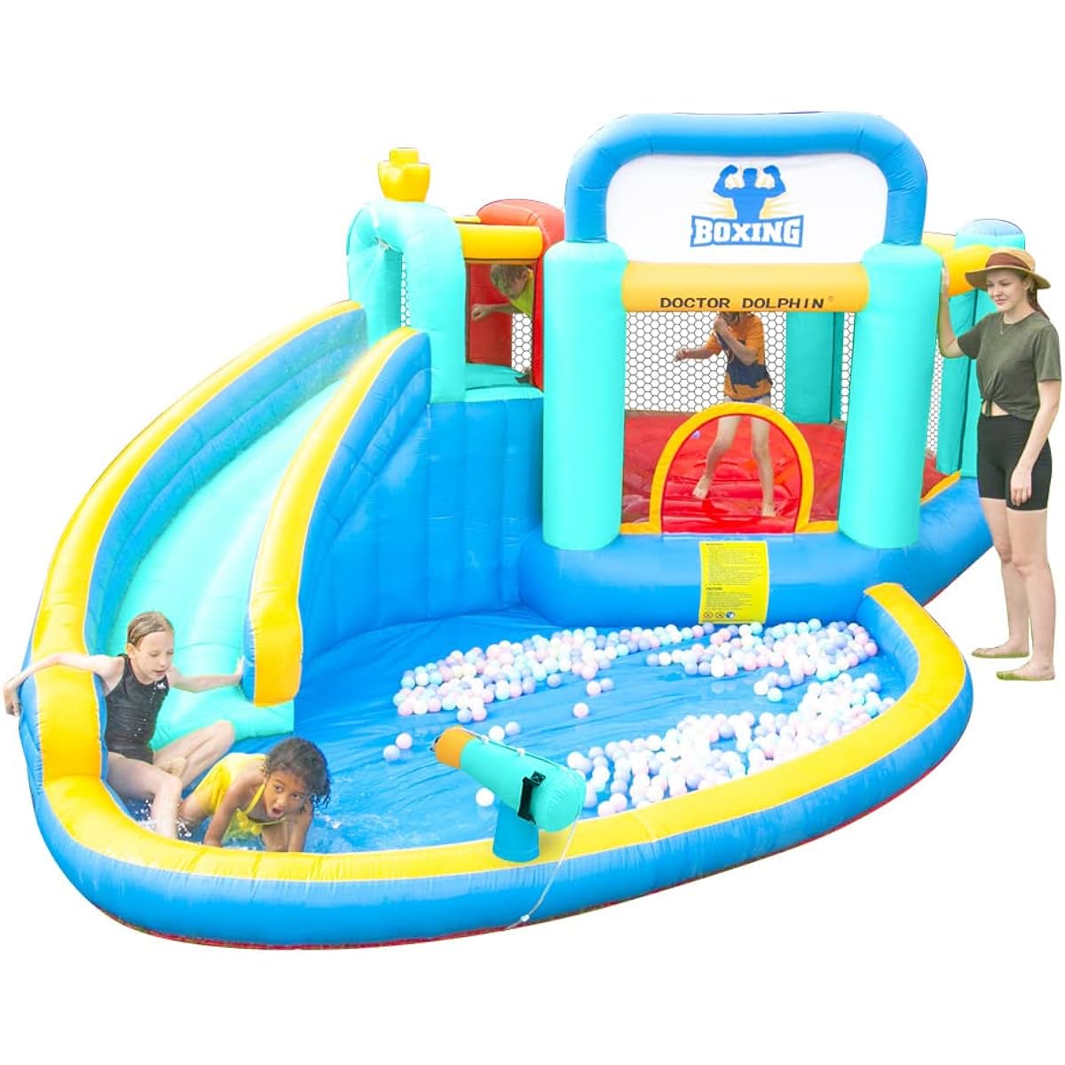 Dr. Dolphin Bounce House Long Water Slide Kids Play Boxing Ring Splash Pool Water Gun
