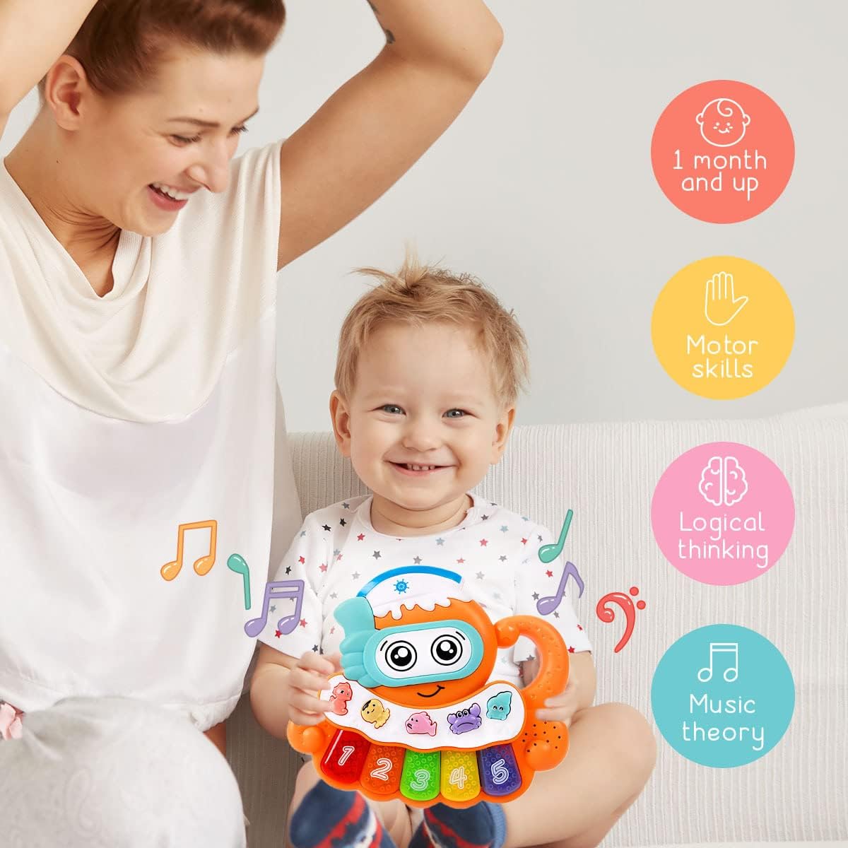 Lumiie Musical Toy Baby Octopus Piano Music Numbers Sounds Light Up Keyboard Sea Themed Animal Buttons Electronic Learning Games for Toddlers Built-in Handle