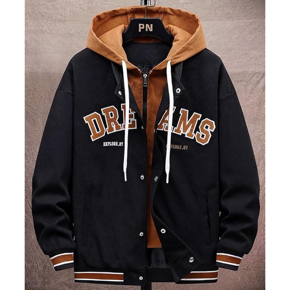 [aspersio] Men's Hooded Jumper, Street Style, Long Sleeves, Baseball Clothes, Layered Style, Stylish Outerwear