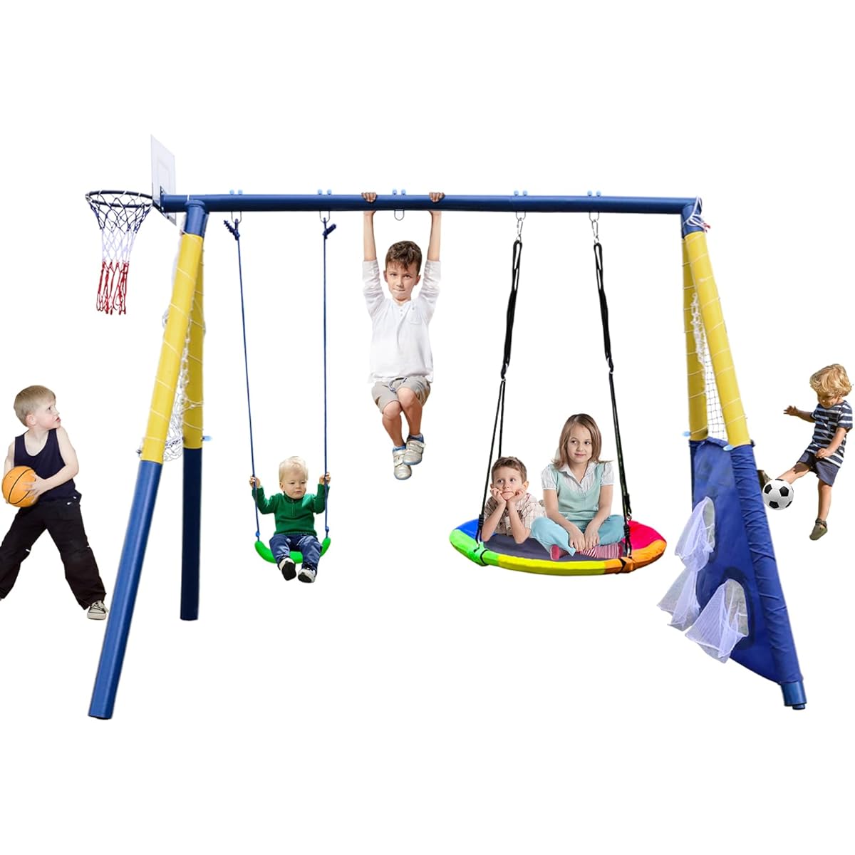Hisecome 440lb 2 Seat Swing Set for Backyard - 1 Saucer Swing Seat, 1 Belt Swing Seat, Basketball Hoop Soccer Goal Heavy Duty A-Frame Metal Swing Stand Outdoor Playset for Kids