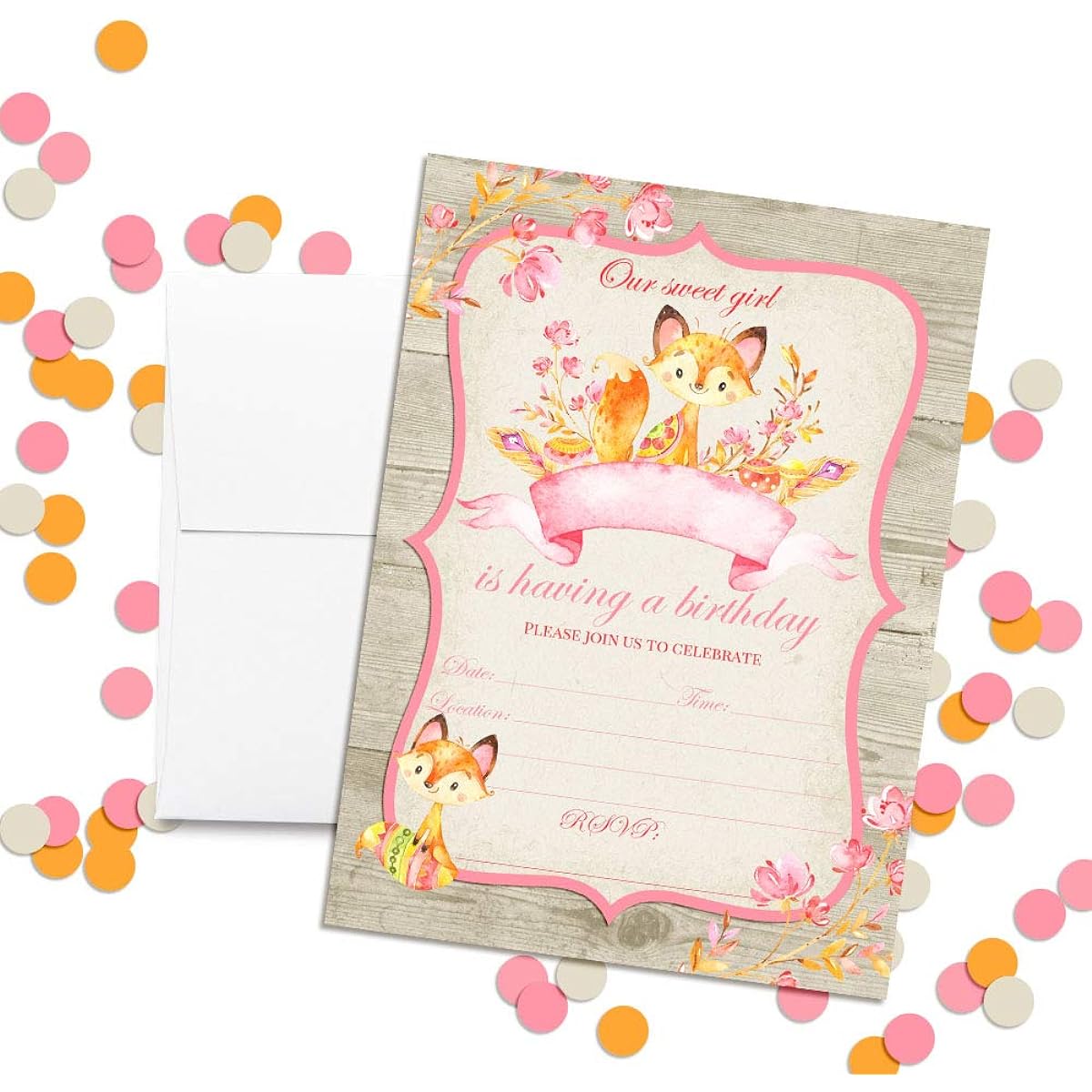 AmandaCreation Watercolor Forest Fox Birthday Party Invitations for Girls 5"x7" Includes 20 Cards and 20 White Envelopes