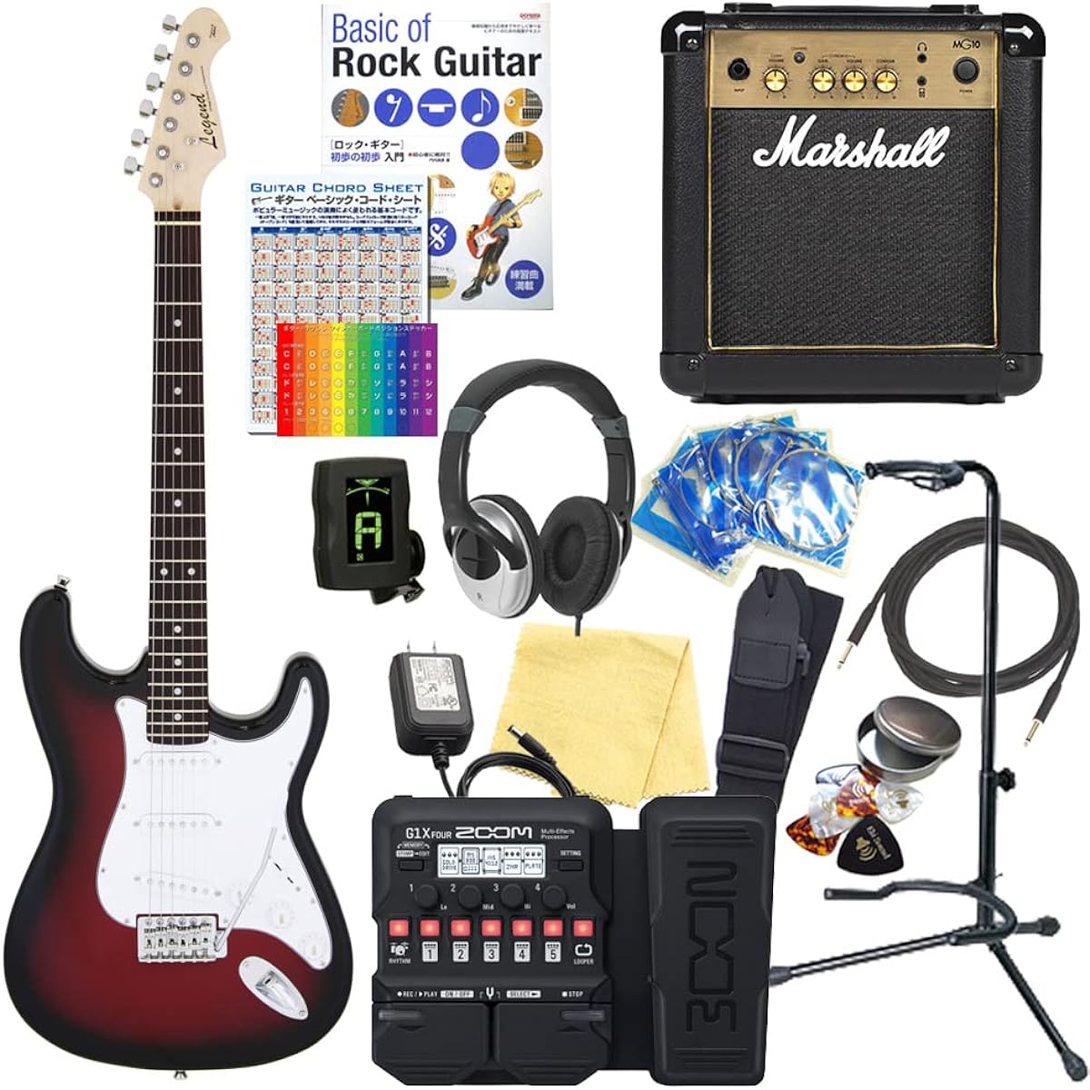Electric guitar beginner set Stratocaster type 18-piece set with Marshall amp Legend LST-Z RBS [ZOOM G1XFour multi-effector included]