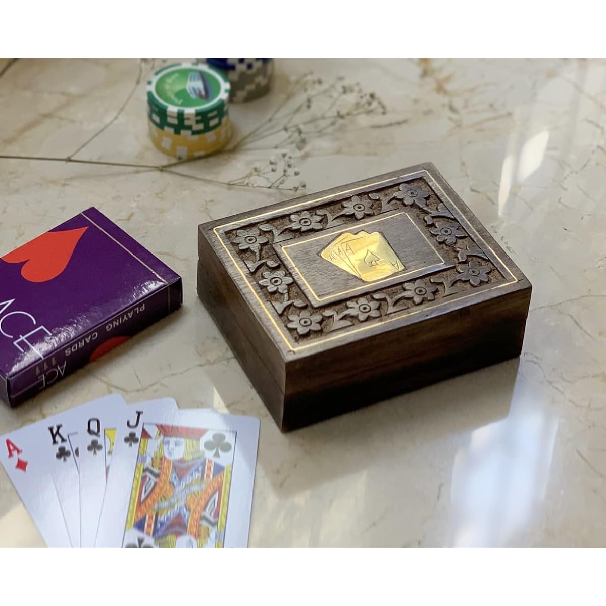 Unique Birthday Gift Idea Handmade Classic Wooden Playing Card Holder Deck Box Storage Case Organizer Premium Quality "Ace" Playing Cards Anniversary Housewarming Gift for Him Her