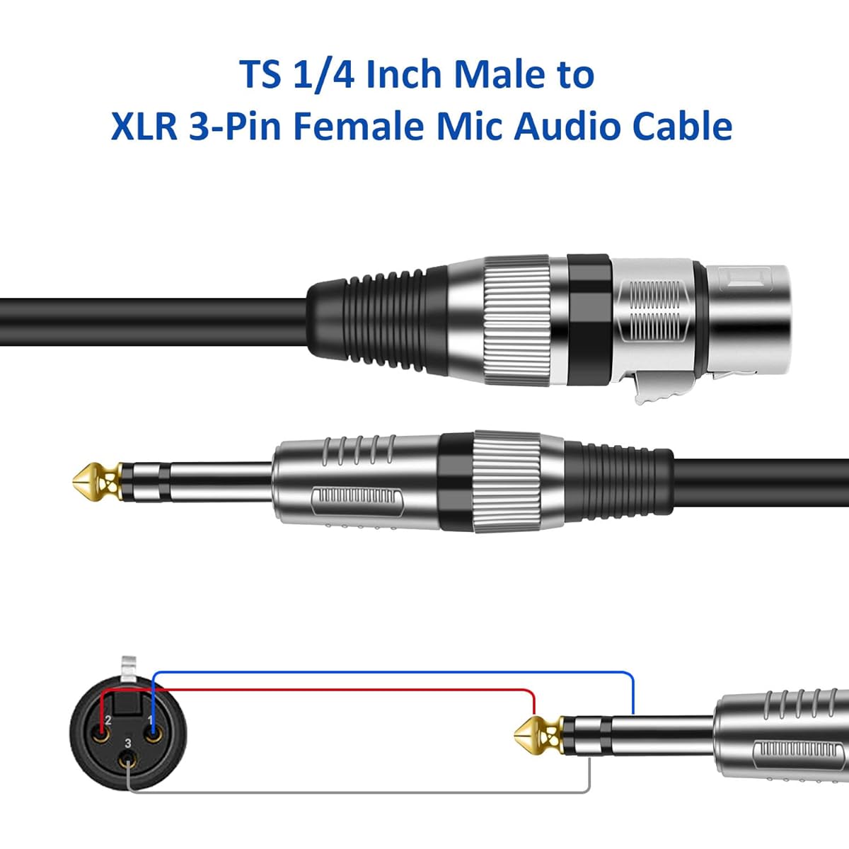 DREMAKE Female XLR to 1/4 Inch 6.35mm TRS Male Cable XLR to Quarter Inch Balanced Microphone Cable 6 Pack TRS 6.35mm to XLR Female Audio Microphone Wire Cable 25 Feet