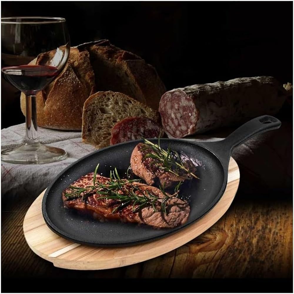 Tramontina Churrasco Steak Plate Iron Plate & Wooden Board Teak 30cm x 18cm Oval with Handle Natural Wood Respect for the Aged Day Housewarming Gift Made in Brazil 10239/638 TRAMONTINA