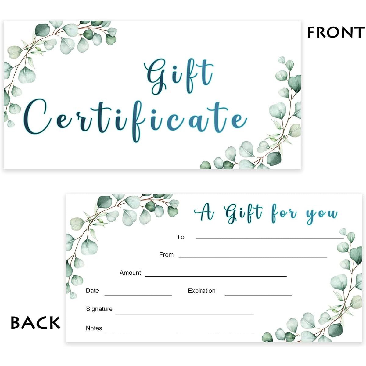 QZCYU Green Eucalyptus Blank Present Certificate Business Gift Certificate Business Birthday Wedding Salon Spa Restaurant Double Sided with Envelopes 25 Sheets 3.5 x 7 Inch