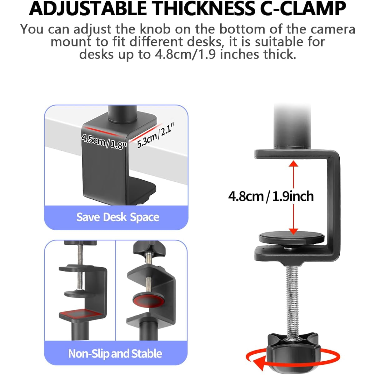 JINSUI Boom Arm Microphone Stand Desk 360° Rotatable Camera Desk Mount with 3/8" 5/8" Thread Adapter Compatible with Most Microphones Adjustable Foldable Webcam Stand for Podcast Streaming Game Video Studio