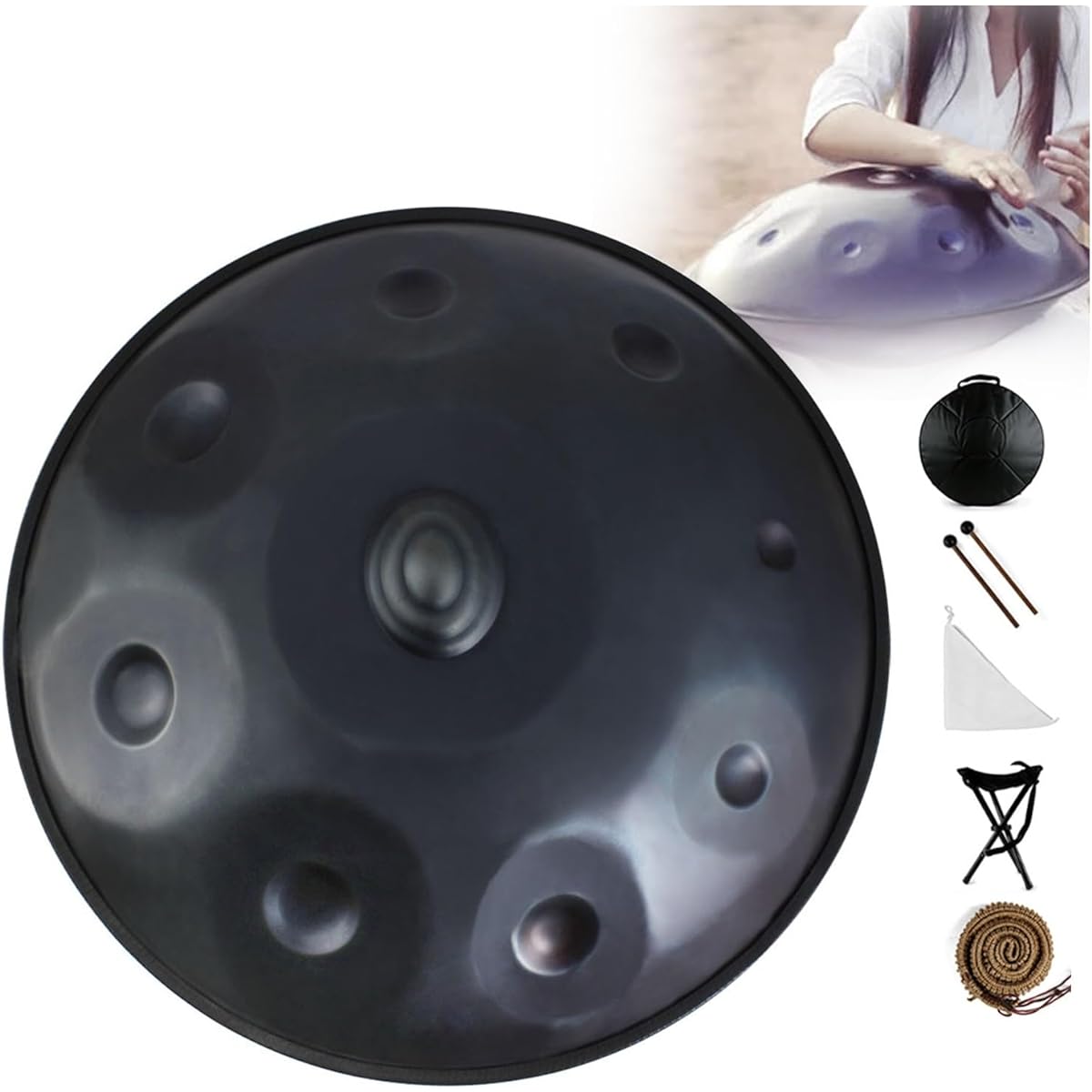 Handpan D Minor 432Hz/440Hz 9 Tones 22"/58cm Steel Drum Handpan Drum with Soft Handpan Case Durable Stand Mallets and Dust-Free Cloth (Color: Black, Size: 432Hz)