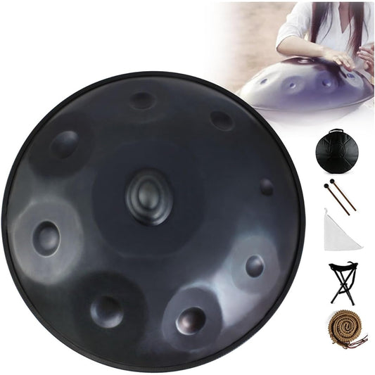 Handpan D Minor 432Hz/440Hz 9 Tones 22"/58cm Steel Drum Handpan Drum with Soft Handpan Case Durable Stand Mallets and Dust-Free Cloth (Color: Black, Size: 432Hz)