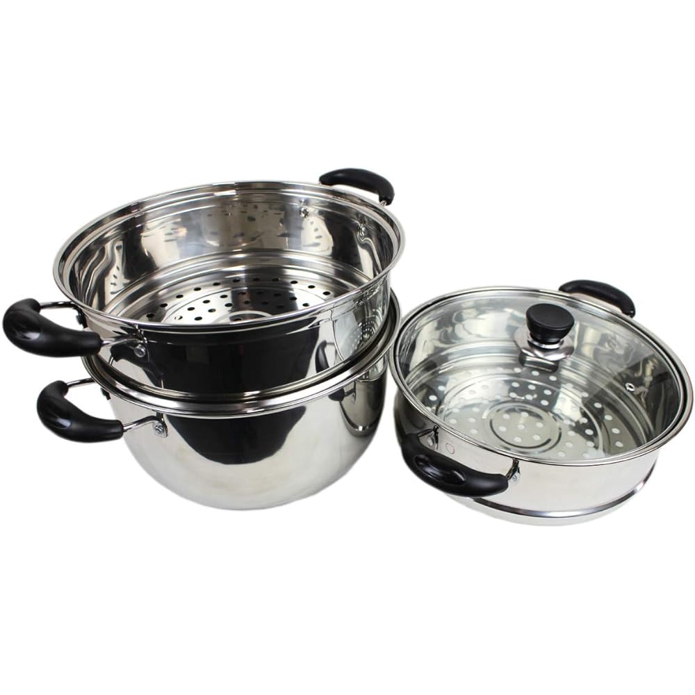 Commercial Kitchen Equipment Hist Steamer IH Compatible Steamer with Glass Pot Lid Stainless Steel (3 Tiers 28cm)