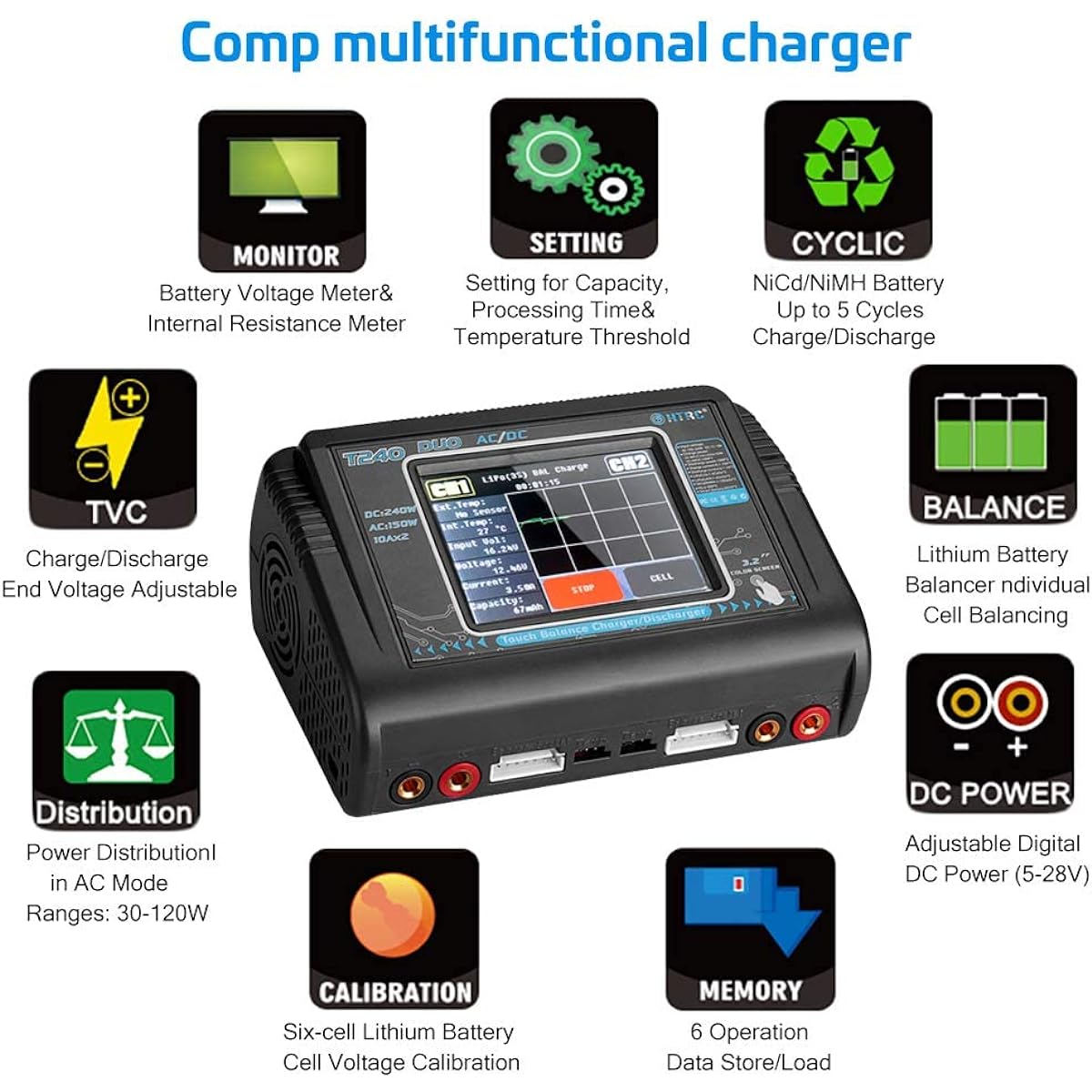 LiPo Charger RC Car Battery Charger Touch Screen Dual Balance Charger Discharge Charger AC 150W DC 240W 10A for Li-ion LiFe NiCd NiMH LiHV PB Smart Battery