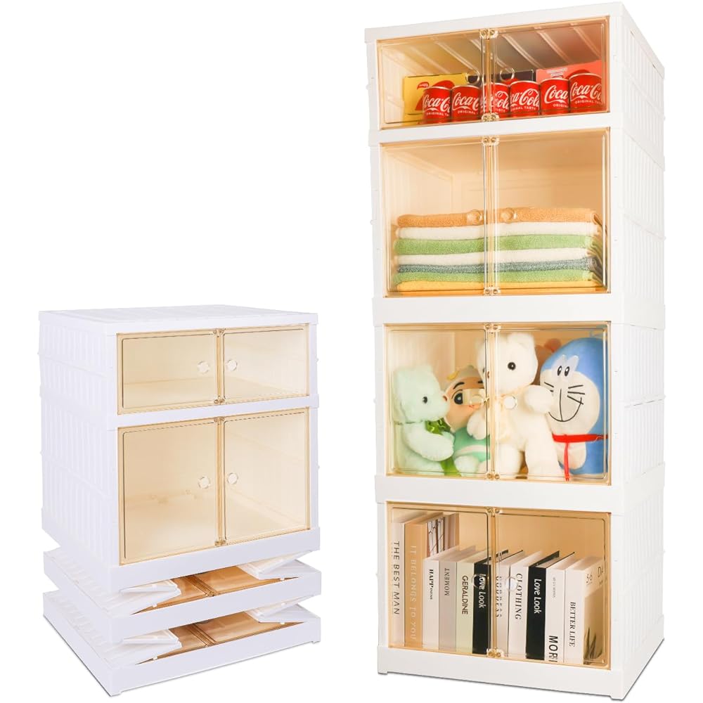 [2024 New Model] Home Bliss Storage Box, Folding Door Storage Case, Clothes, Space Saving, Installation without Tools, Double Doors, Translucent, Comes with Casters, Kimono/Accessories/Sweets, Home/Office Use, 4 Layers (44*34*109 cm, 160L)