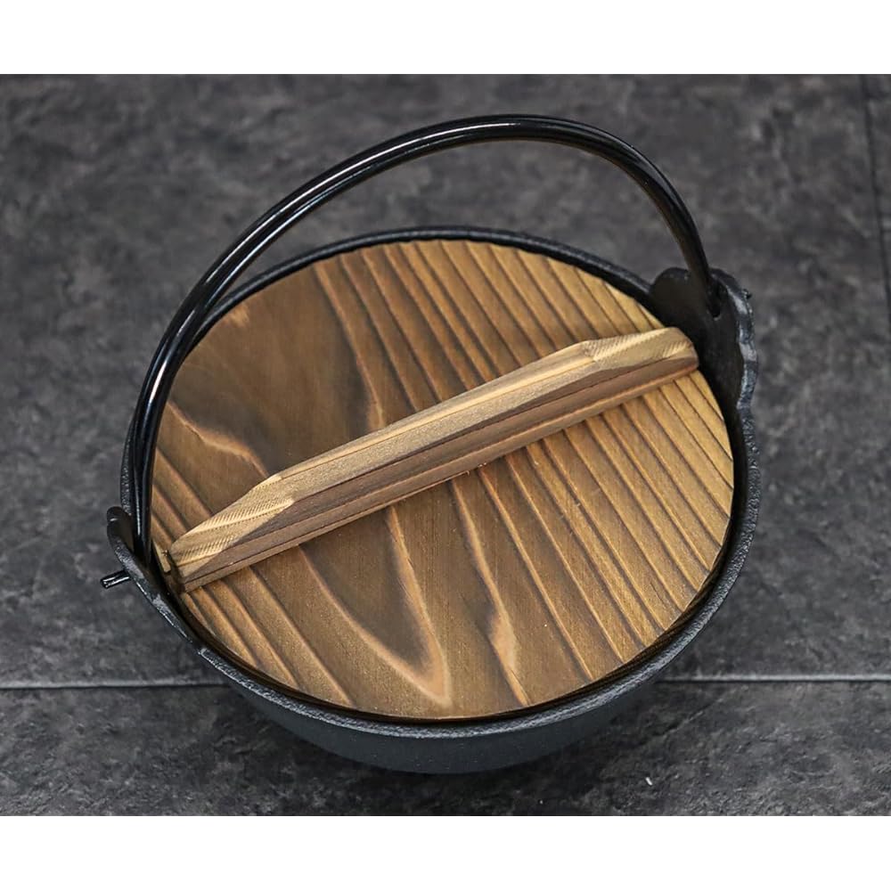 Asahi Nanbu Iron Pot, Irori Pot, Outer Diameter 15cm, 1 vine, with wooden lid (gas/IH compatible), commercial use item