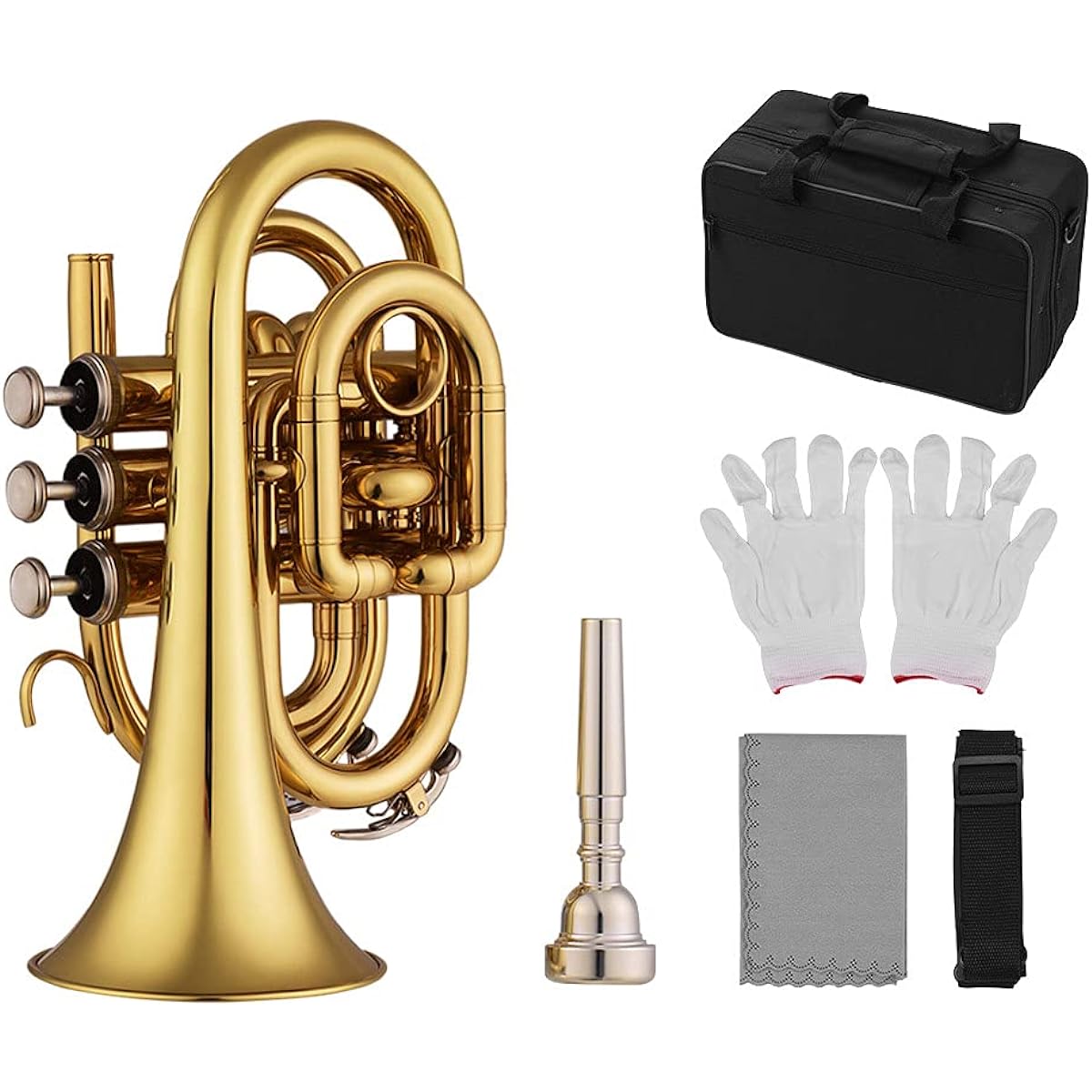 Brass Trumpet, Funien Trumpet Mini Pocket Trumpet Bb Flat Brass Material Mouthpiece Wind Instrument with Glove Cleaning Cloth Carrying Case