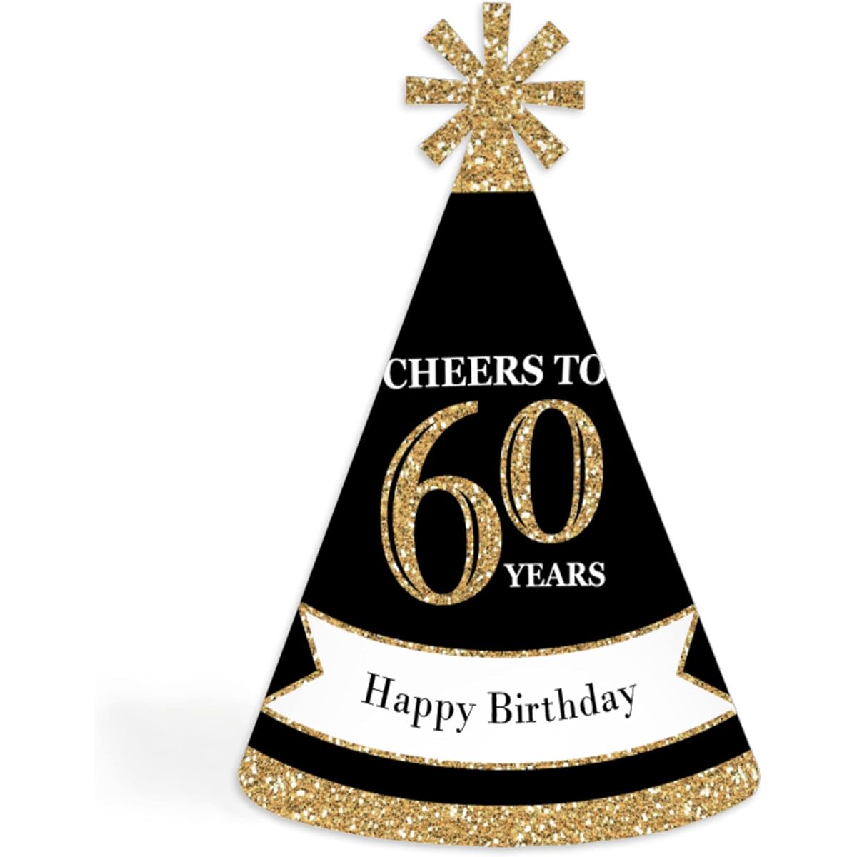 Adult 60th Birthday - Gold - Cone Birthday Party Hats for Kids and Adults - Set of 8 (Standard Size)