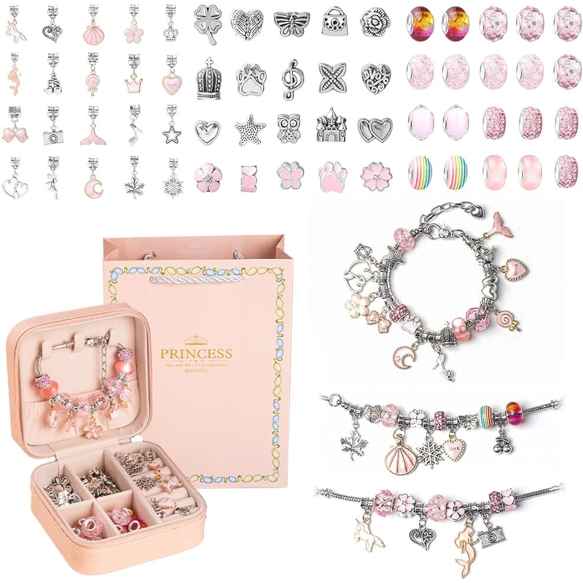 Charm Bracelet Making Kit 2023 New Charm Bracelets DIY Craft Gift Set Premium 66 Pieces Charm Bracelets in Gift Box Jewelry Making Kit Jewelry Making Supplies DIY Craft Kit - Gift Ideas for Teen Girls