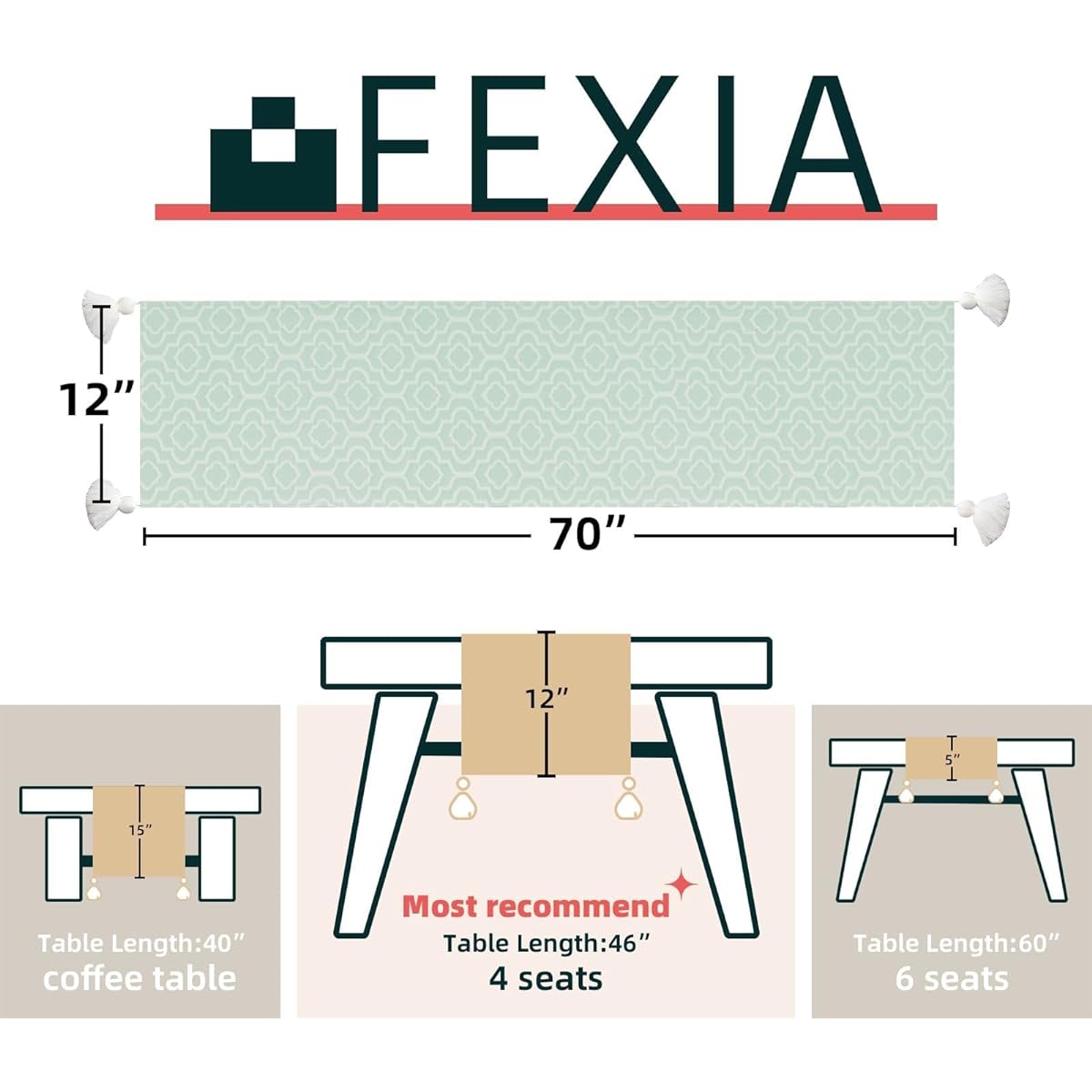 FEXIA Rustic Table Runner 72 Inch Long Home Decor Boho Table Runner Light Green Four Leaf with Tassels Moroccan Design Bohemian Dining Room Table Decor (12x72 Inch)