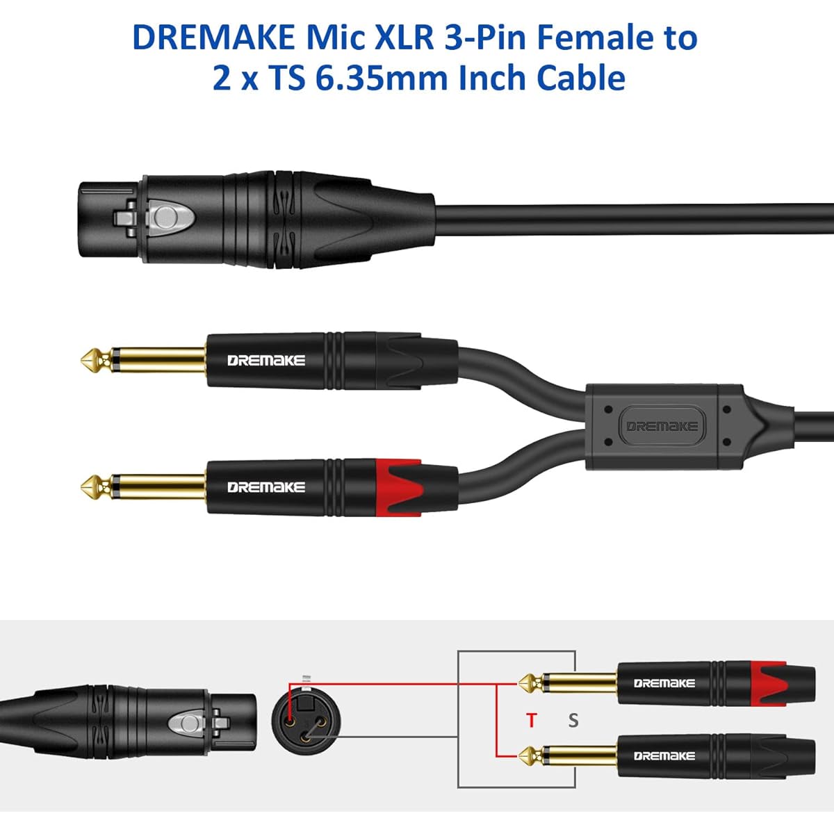 DREMAKE Dual 6.35mm 1/4" to XLR Microphone Cable Dual Mono 6.35mm Male to XLR Female Audio Y Splitter Patch Cord Female 3 Pin XLR to Dual 1/4" (6.35mm) TS Male Converter Adapter Cable 3 Feet
