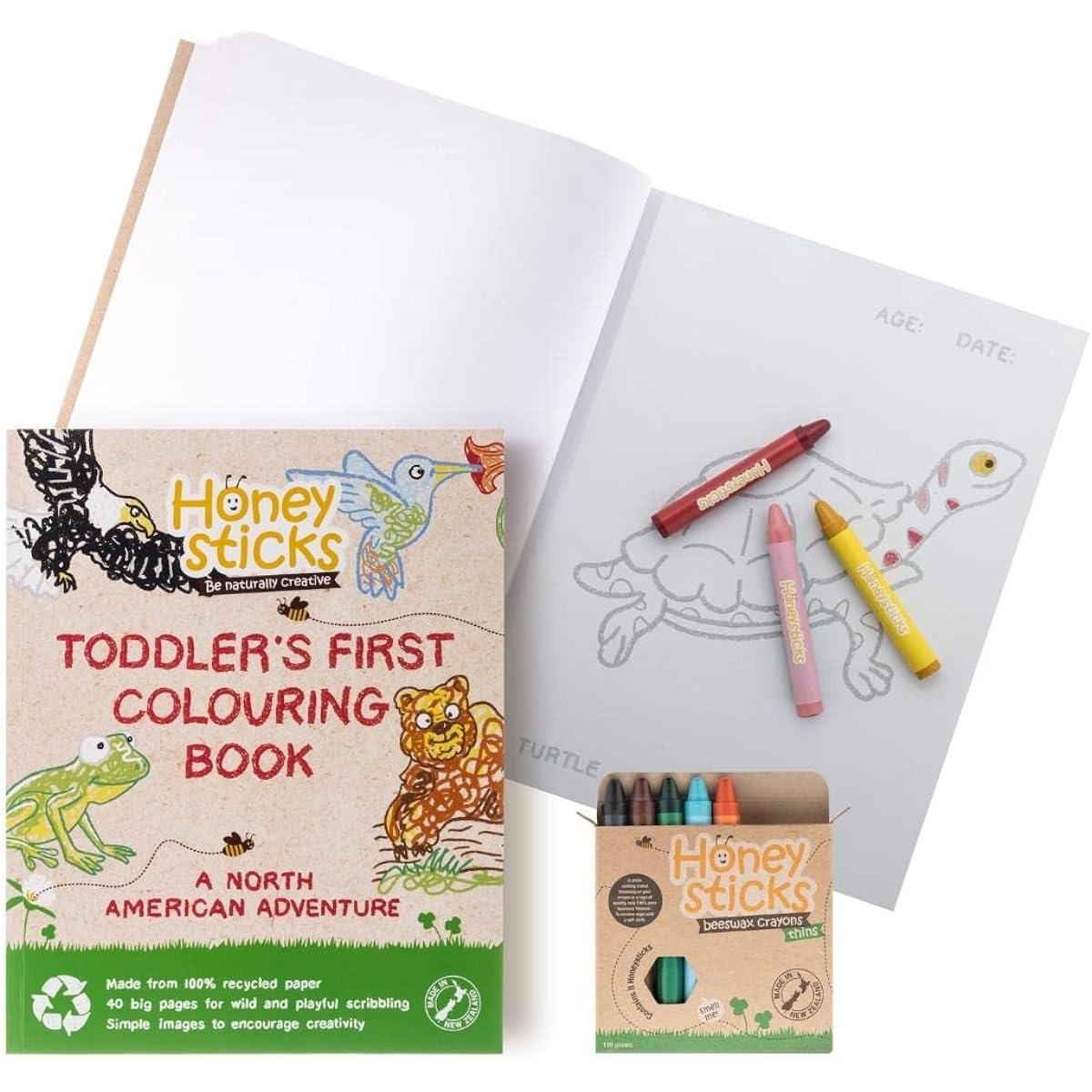 Honeysticks Beeswax Crayon and Book Pack - Pack of 8 Jumbo Crayons and Premium Recycled Paper Coloring Book
